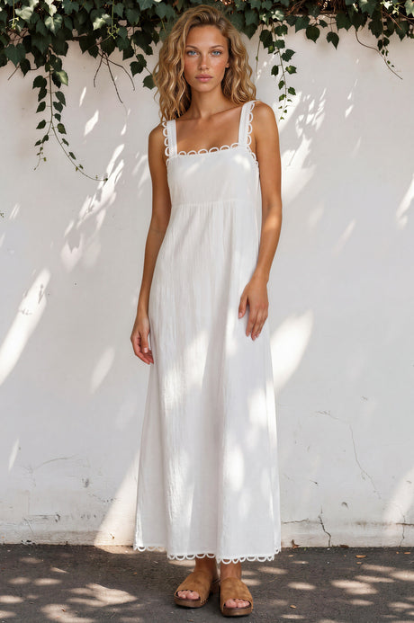 Model wearing Darla Maxi Dress in White from Salty Crush
