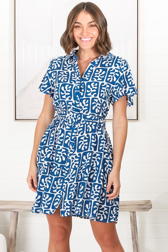 Davey Mini Dress - Button Down Collared Dress With Statement Belt In Blue