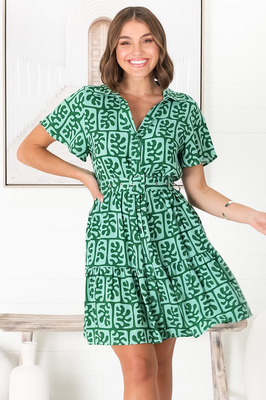 Davey Mini Dress - Button Down Collared Dress With Statement Belt In Green