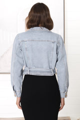 Davidson Denim Jacket - Acid Wash Biker Jacket in Mid Blue Denim