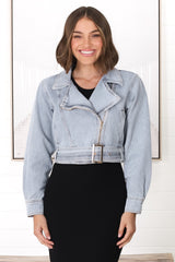 Davidson Denim Jacket - Acid Wash Biker Jacket in Mid Blue Denim