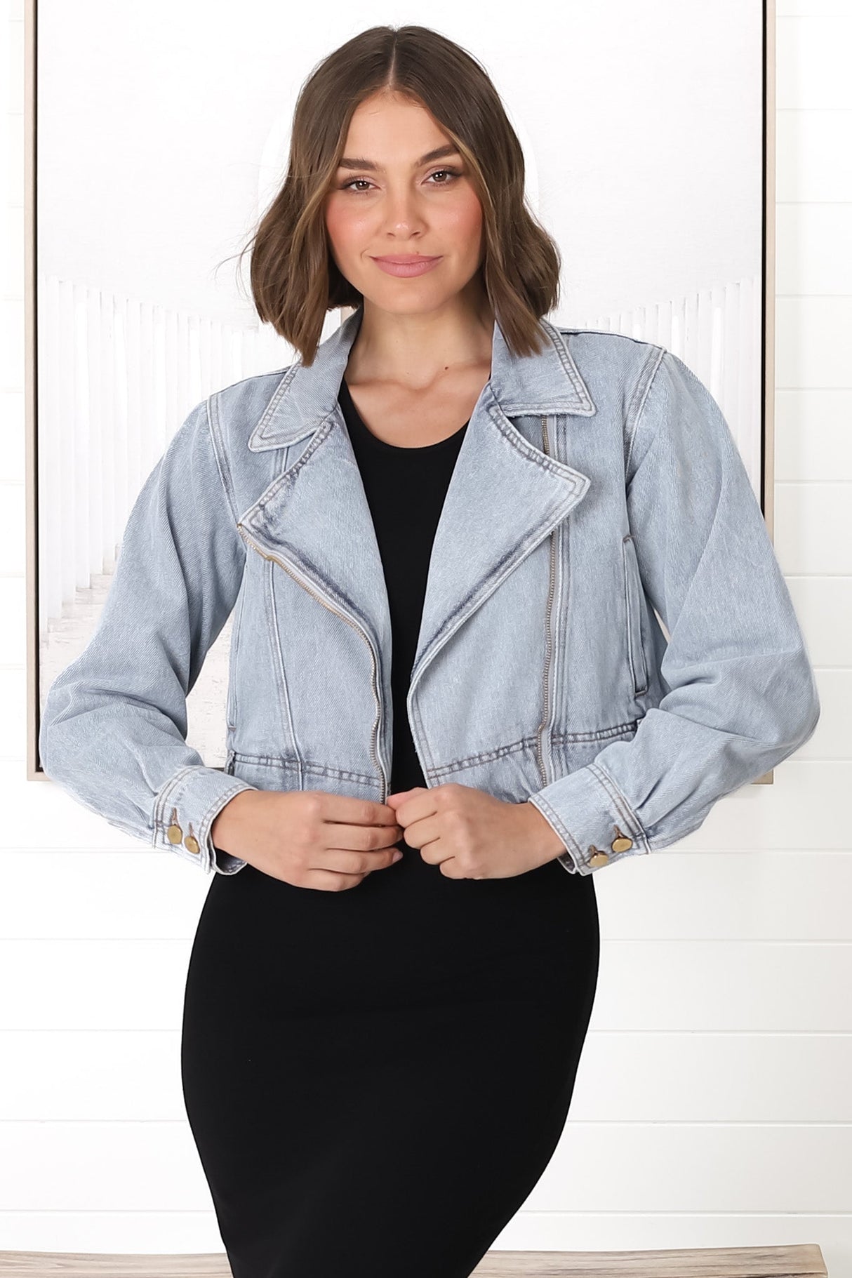 Davidson Denim Jacket - Acid Wash Biker Jacket in Mid Blue Denim