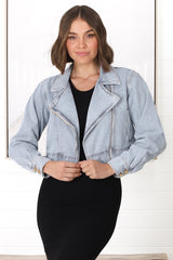 Davidson Denim Jacket - Acid Wash Biker Jacket in Mid Blue Denim