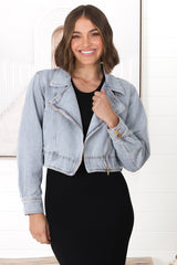 Davidson Denim Jacket - Acid Wash Biker Jacket in Mid Blue Denim