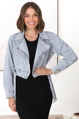 Davidson Denim Jacket - Acid Wash Biker Jacket in Mid Blue Denim