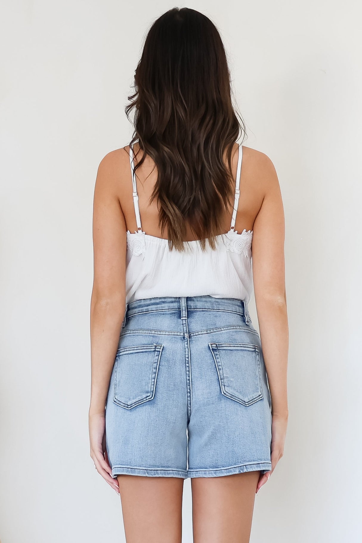Davie Denim Shorts - High Waisted Straight Leg Shorts in Light Denim