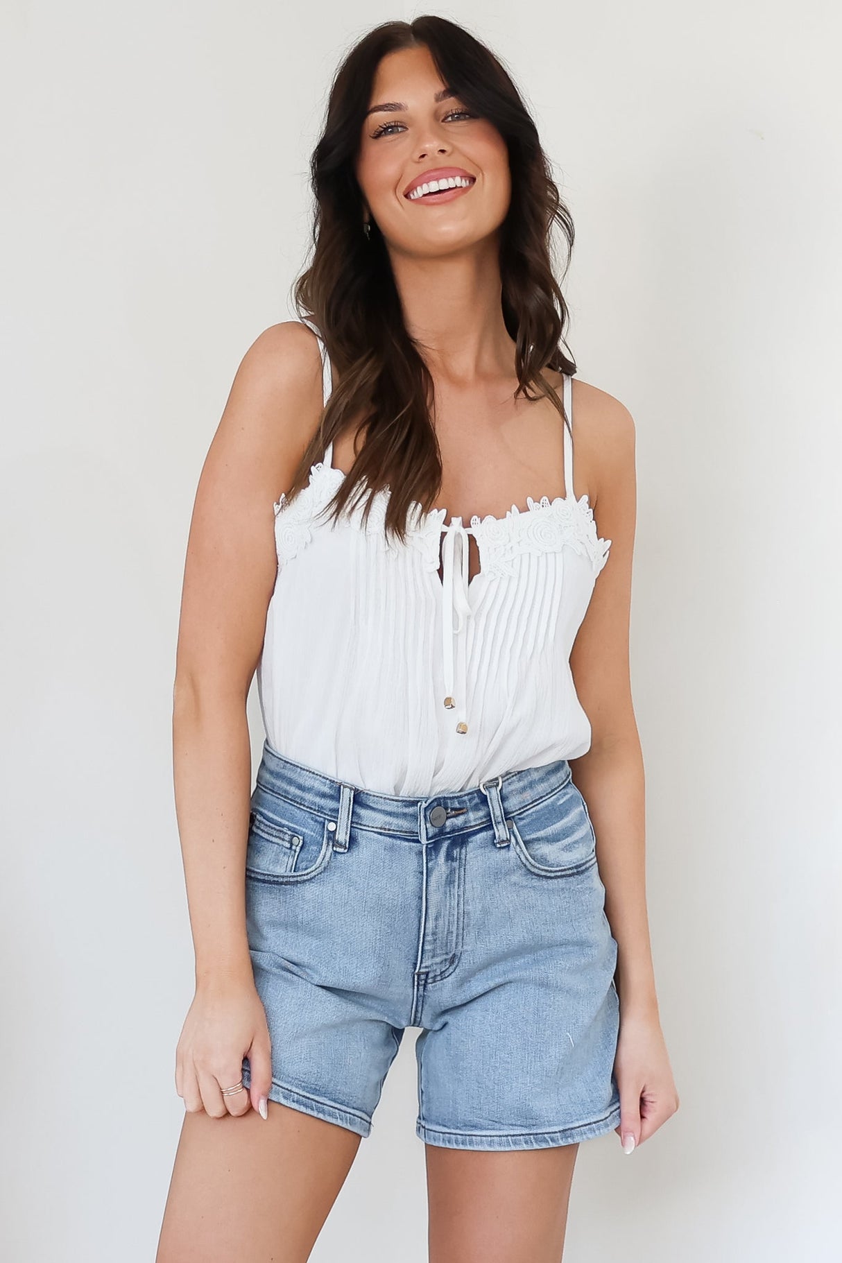Davie Denim Shorts - High Waisted Straight Leg Shorts in Light Denim