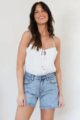 Davie Denim Shorts - High Waisted Straight Leg Shorts in Light Denim