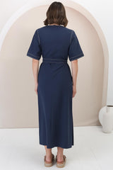 Davis Maxi Dress - Contrast Stitch Cotton Dress with Matching Belt in Navy