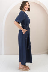 Davis Maxi Dress - Contrast Stitch Cotton Dress with Matching Belt in Navy