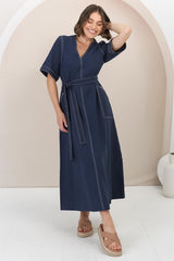 Davis Maxi Dress - Contrast Stitch Cotton Dress with Matching Belt in Navy