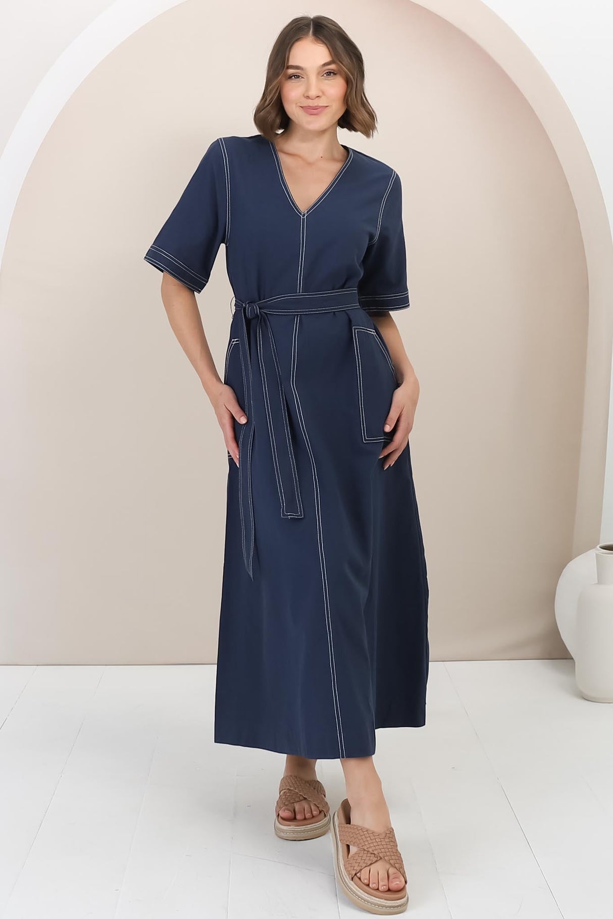 Davis Maxi Dress - Contrast Stitch Cotton Dress with Matching Belt in Navy