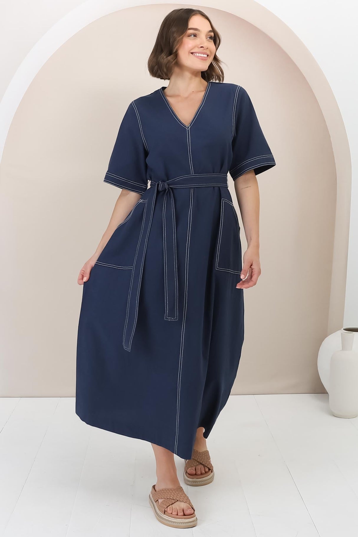 Davis Maxi Dress - Contrast Stitch Cotton Dress with Matching Belt in Navy