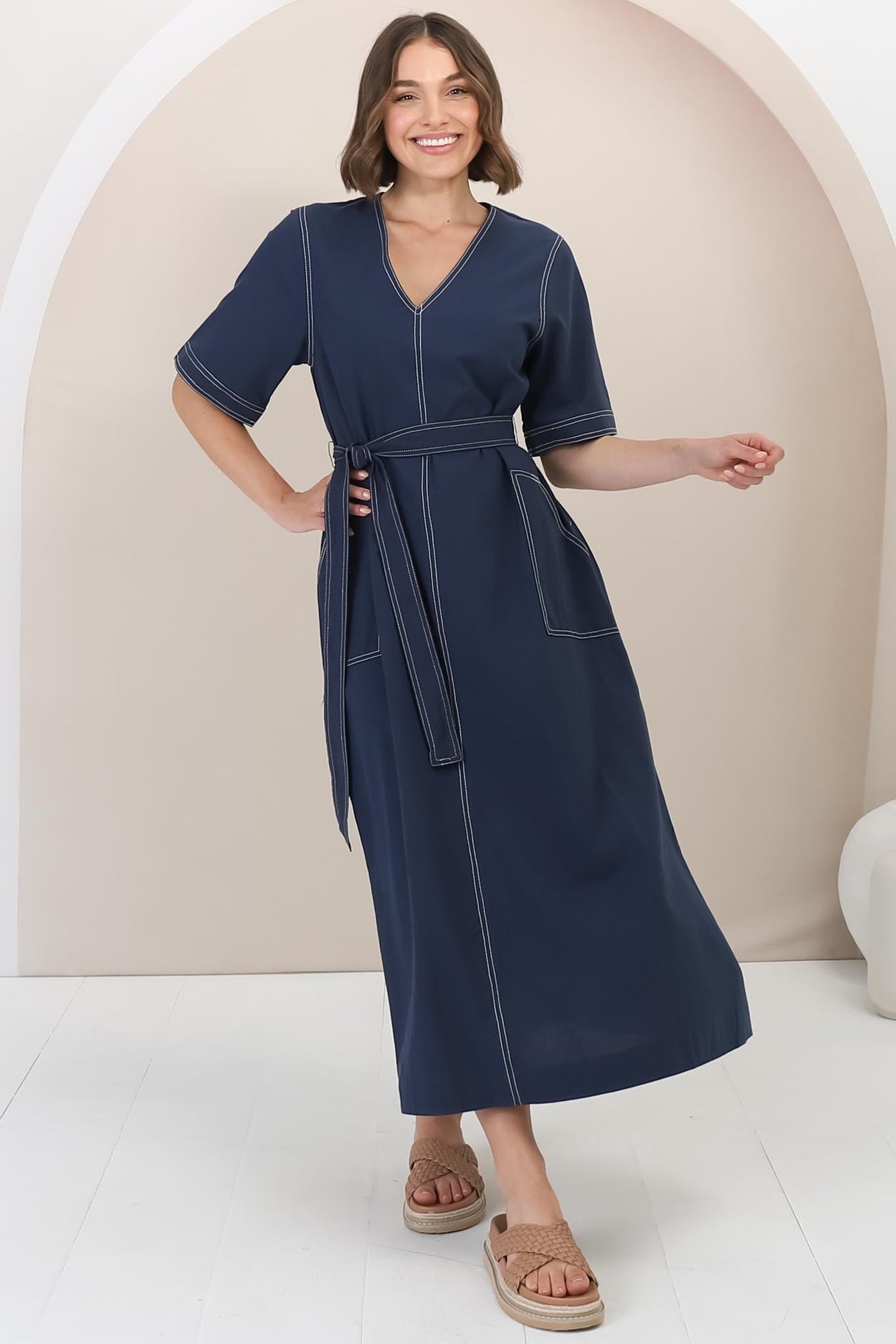 Davis Maxi Dress - Contrast Stitch Cotton Dress with Matching Belt in Navy