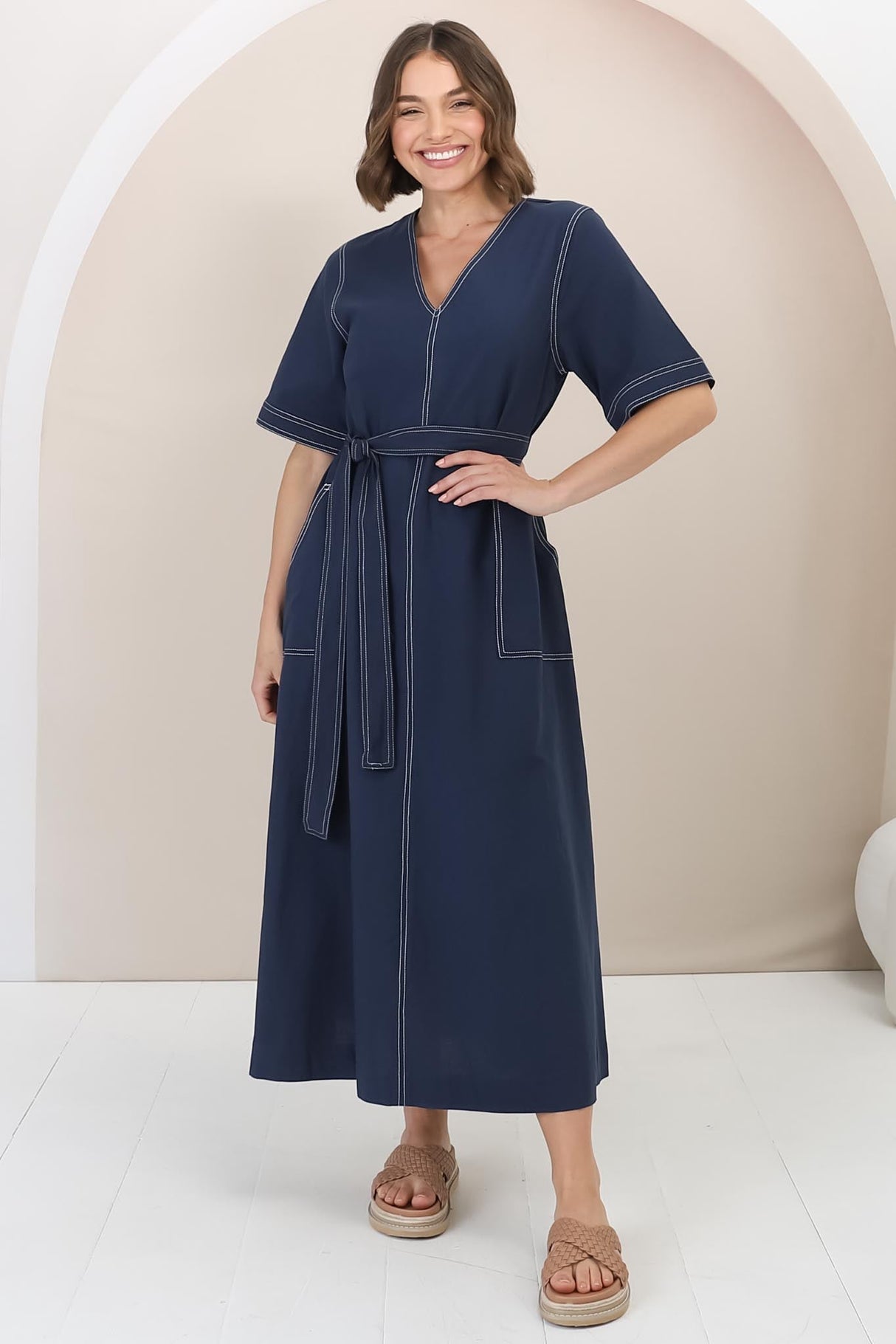 Davis Maxi Dress - Contrast Stitch Cotton Dress with Matching Belt in Navy