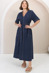 Davis Maxi Dress - Contrast Stitch Cotton Dress with Matching Belt in Navy