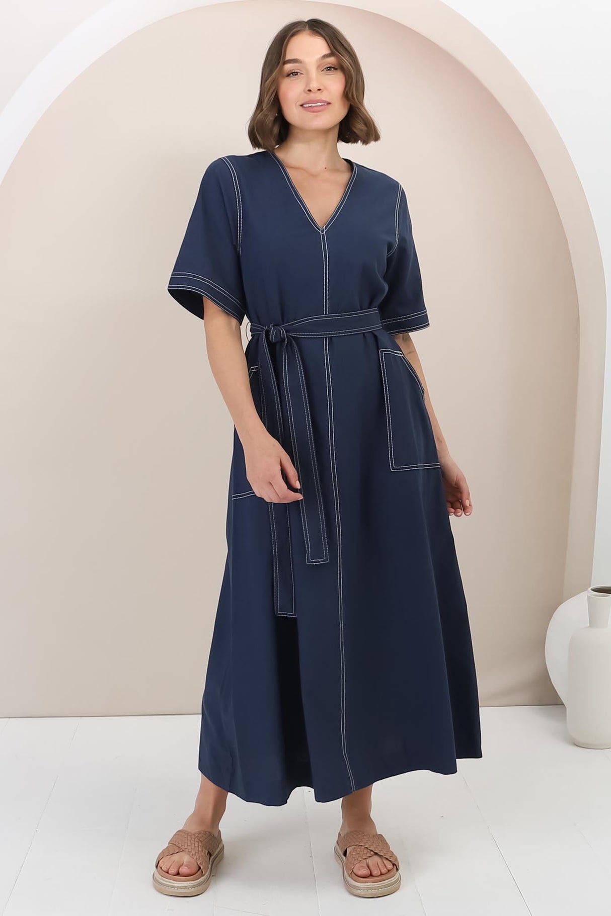 Davis Maxi Dress - Contrast Stitch Cotton Dress with Matching Belt in Navy