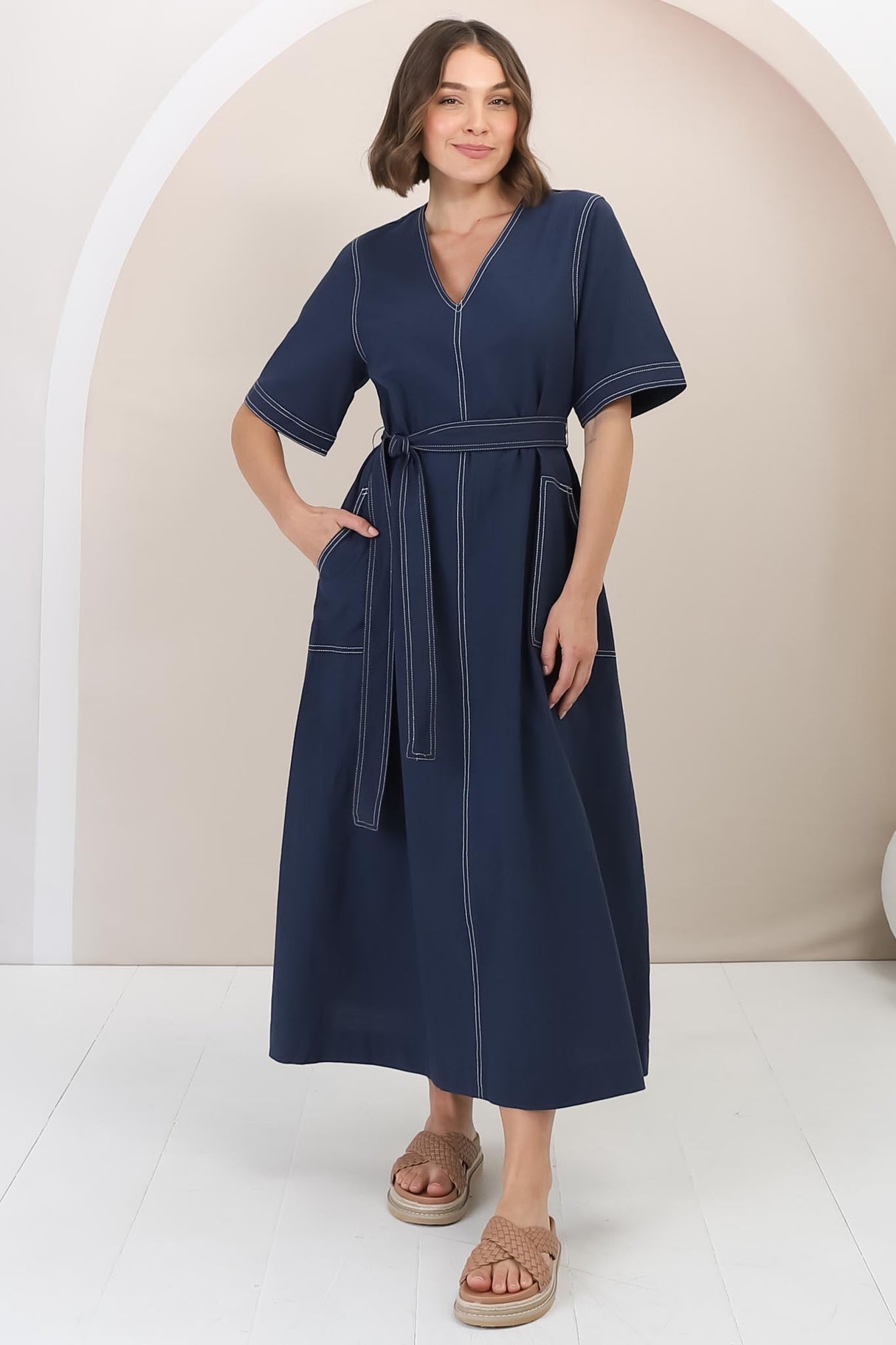 Davis Maxi Dress - Contrast Stitch Cotton Dress with Matching Belt in Navy