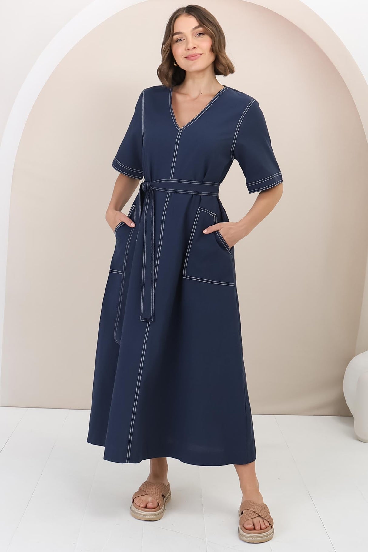 Davis Maxi Dress - Contrast Stitch Cotton Dress with Matching Belt in Navy