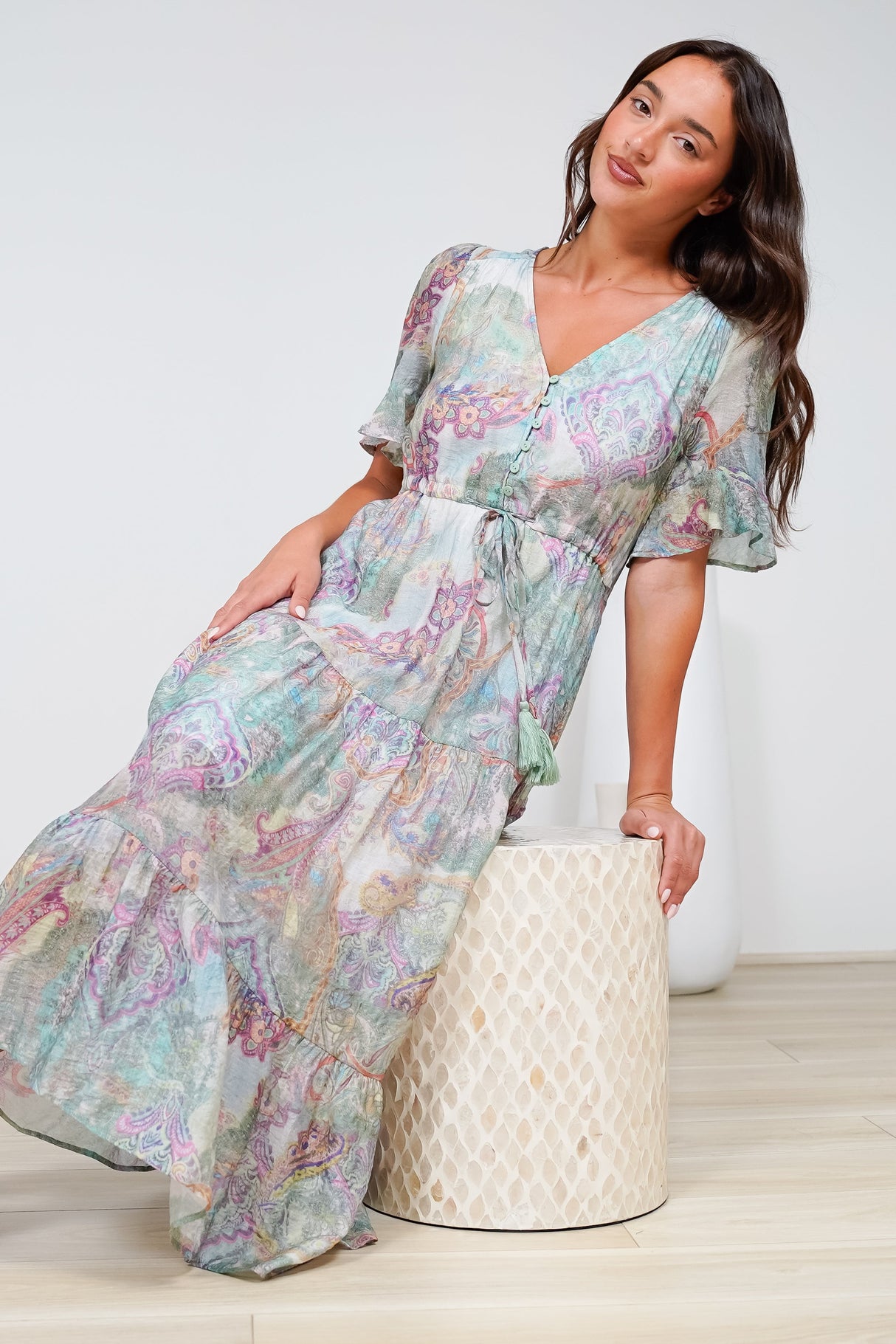 Dayla Midi Dress - Pull Tie Waist A-Line Dress with Ruffle Trim Sleeves in Contessa Print