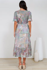 Dayla Midi Dress - Pull Tie Waist A-Line Dress with Ruffle Trim Sleeves in Contessa Print