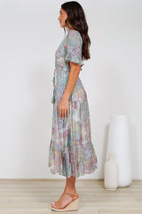 Dayla Midi Dress - Pull Tie Waist A-Line Dress with Ruffle Trim Sleeves in Contessa Print