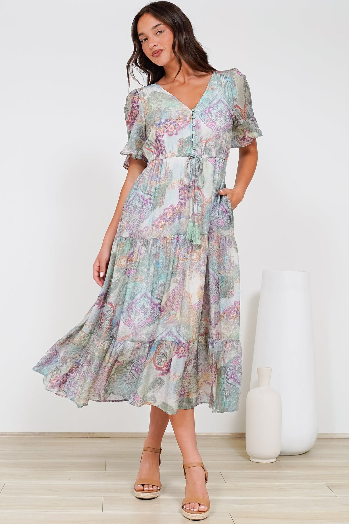 Dayla Midi Dress - Pull Tie Waist A-Line Dress with Ruffle Trim Sleeves in Contessa Print