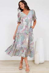 Dayla Midi Dress - Pull Tie Waist A-Line Dress with Ruffle Trim Sleeves in Contessa Print
