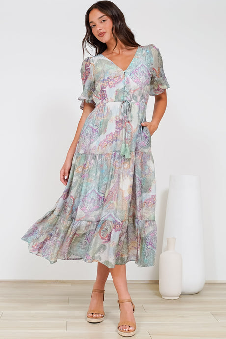 Dayla Midi Dress - Pull Tie Waist A-Line Dress with Ruffle Trim Sleeves in Contessa Print