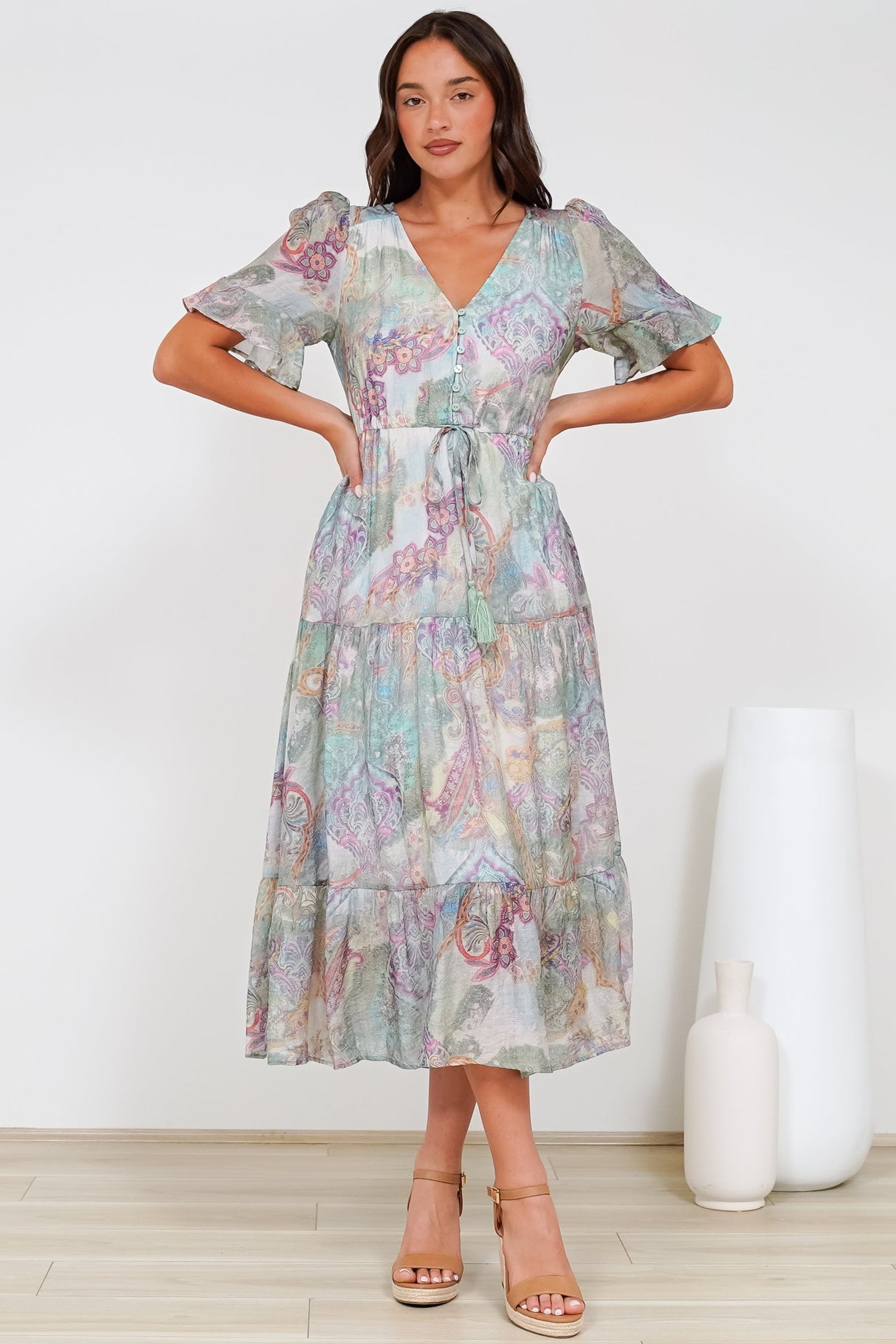 Dayla Midi Dress - Pull Tie Waist A-Line Dress with Ruffle Trim Sleeves in Contessa Print