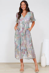 Dayla Midi Dress - Pull Tie Waist A-Line Dress with Ruffle Trim Sleeves in Contessa Print