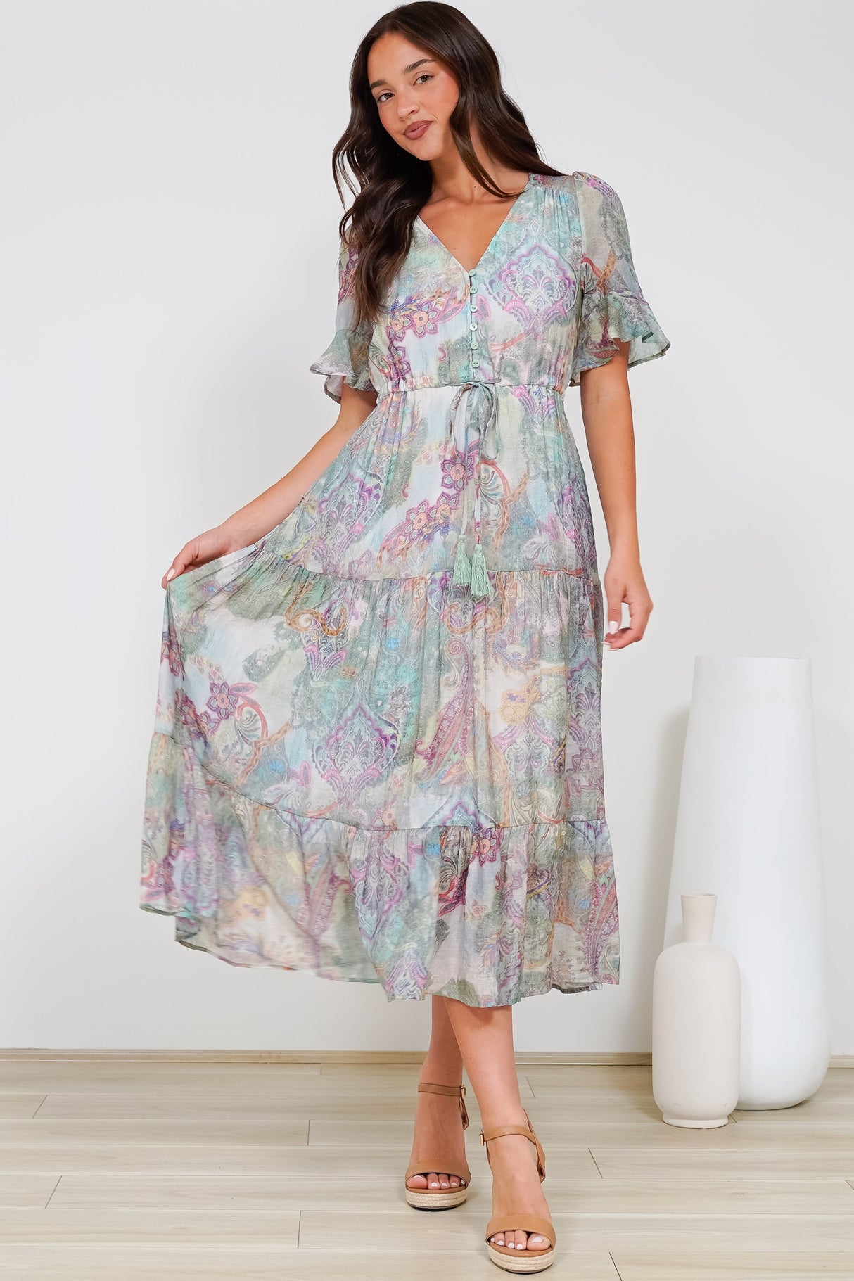 Dayla Midi Dress - Pull Tie Waist A-Line Dress with Ruffle Trim Sleeves in Contessa Print
