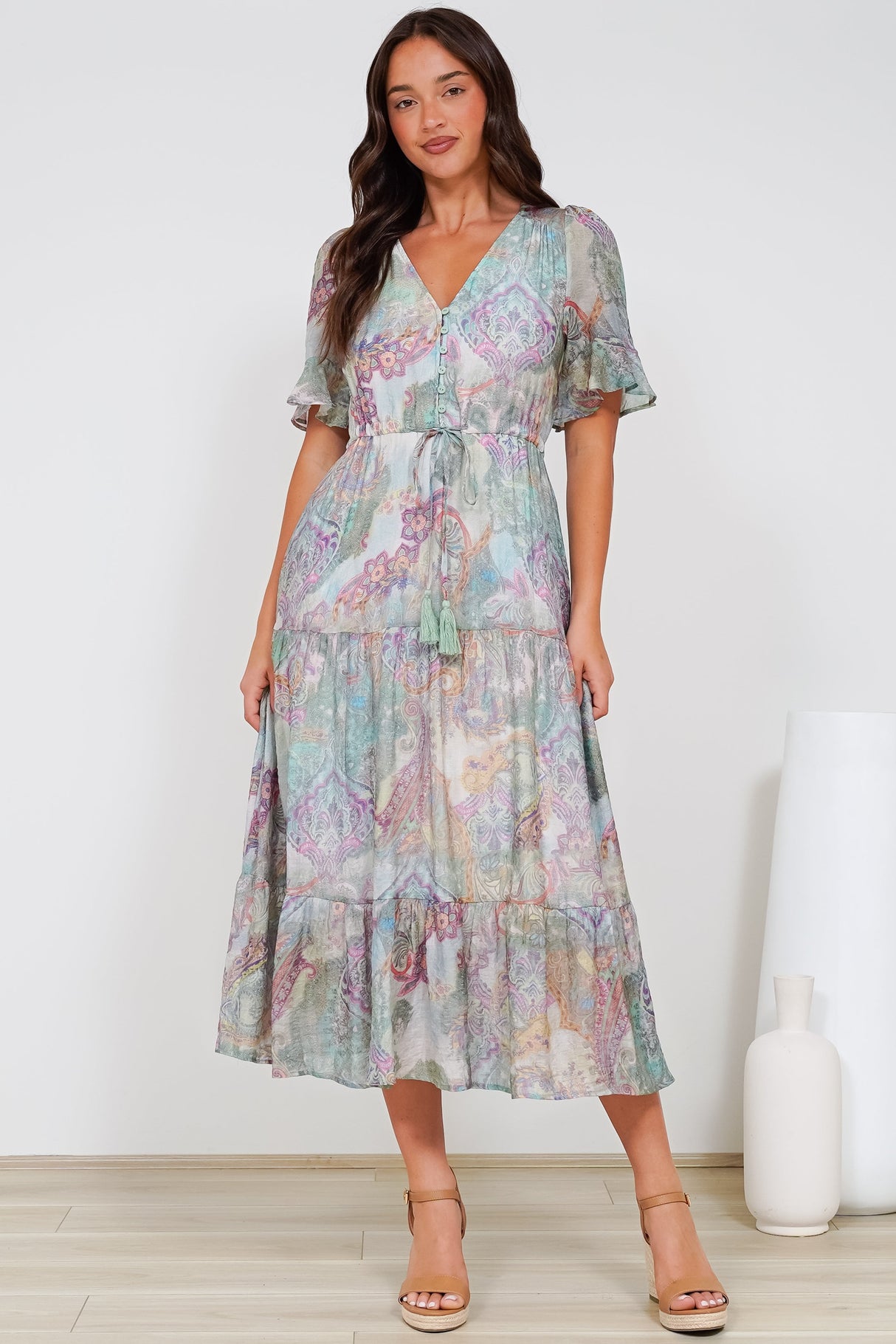 Dayla Midi Dress - Pull Tie Waist A-Line Dress with Ruffle Trim Sleeves in Contessa Print