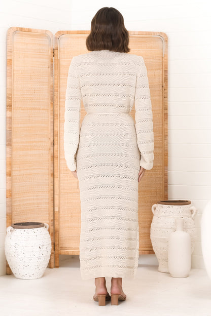 Dayside Knit Maxi Dress - Body Con Knit Dress with Plaited Belt in Beige