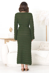 Dayside Knit Maxi Dress - Body Con Knit Dress with Plaited Belt in Green