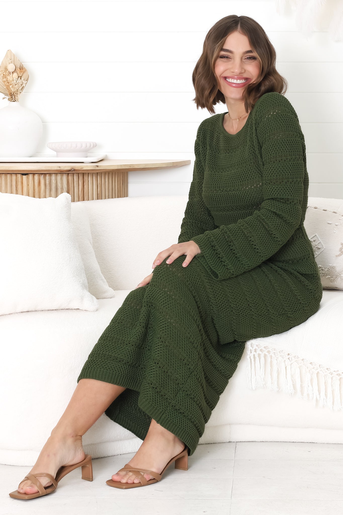 Dayside Knit Maxi Dress - Body Con Knit Dress with Plaited Belt in Green