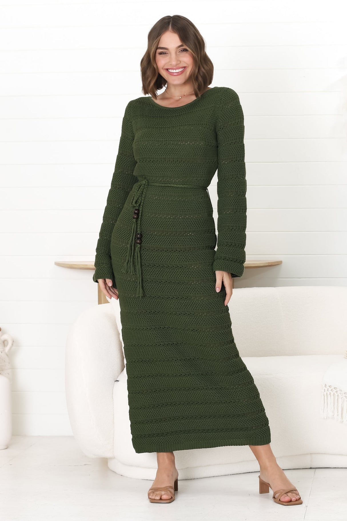 Dayside Knit Maxi Dress - Body Con Knit Dress with Plaited Belt in Green