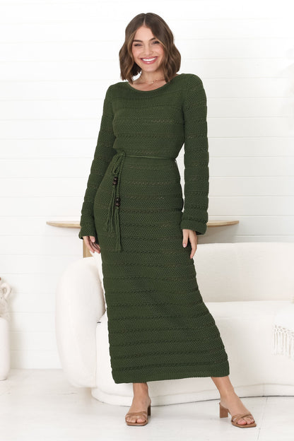 Dayside Knit Maxi Dress - Body Con Knit Dress with Plaited Belt in Green