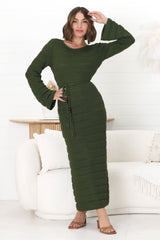 Dayside Knit Maxi Dress - Body Con Knit Dress with Plaited Belt in Green