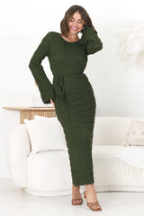 Dayside Knit Maxi Dress - Body Con Knit Dress with Plaited Belt in Green