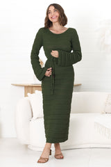 Dayside Knit Maxi Dress - Body Con Knit Dress with Plaited Belt in Green