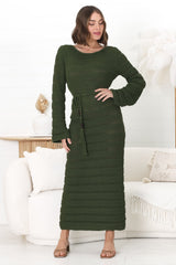 Dayside Knit Maxi Dress - Body Con Knit Dress with Plaited Belt in Green