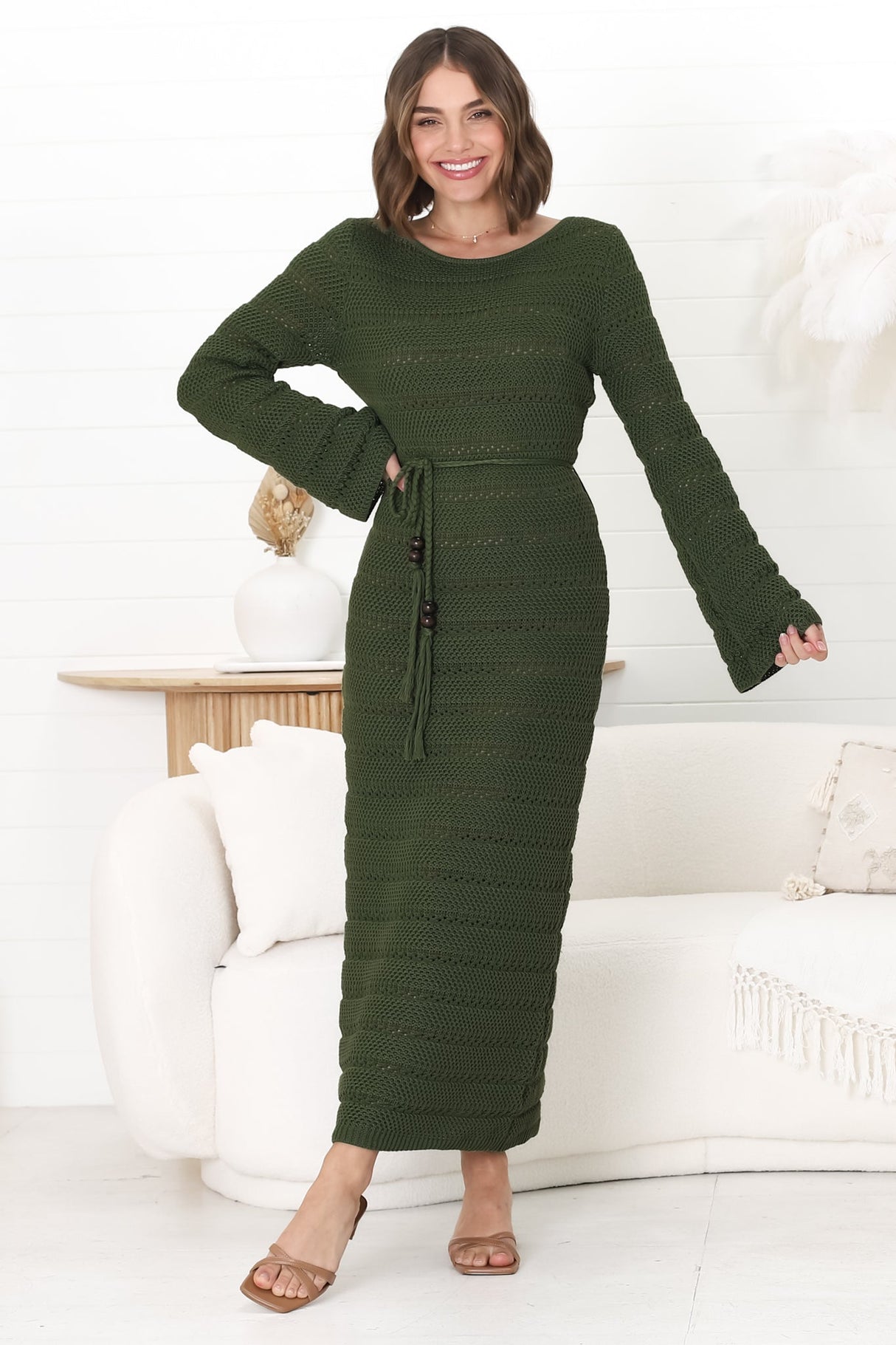 Dayside Knit Maxi Dress - Body Con Knit Dress with Plaited Belt in Green