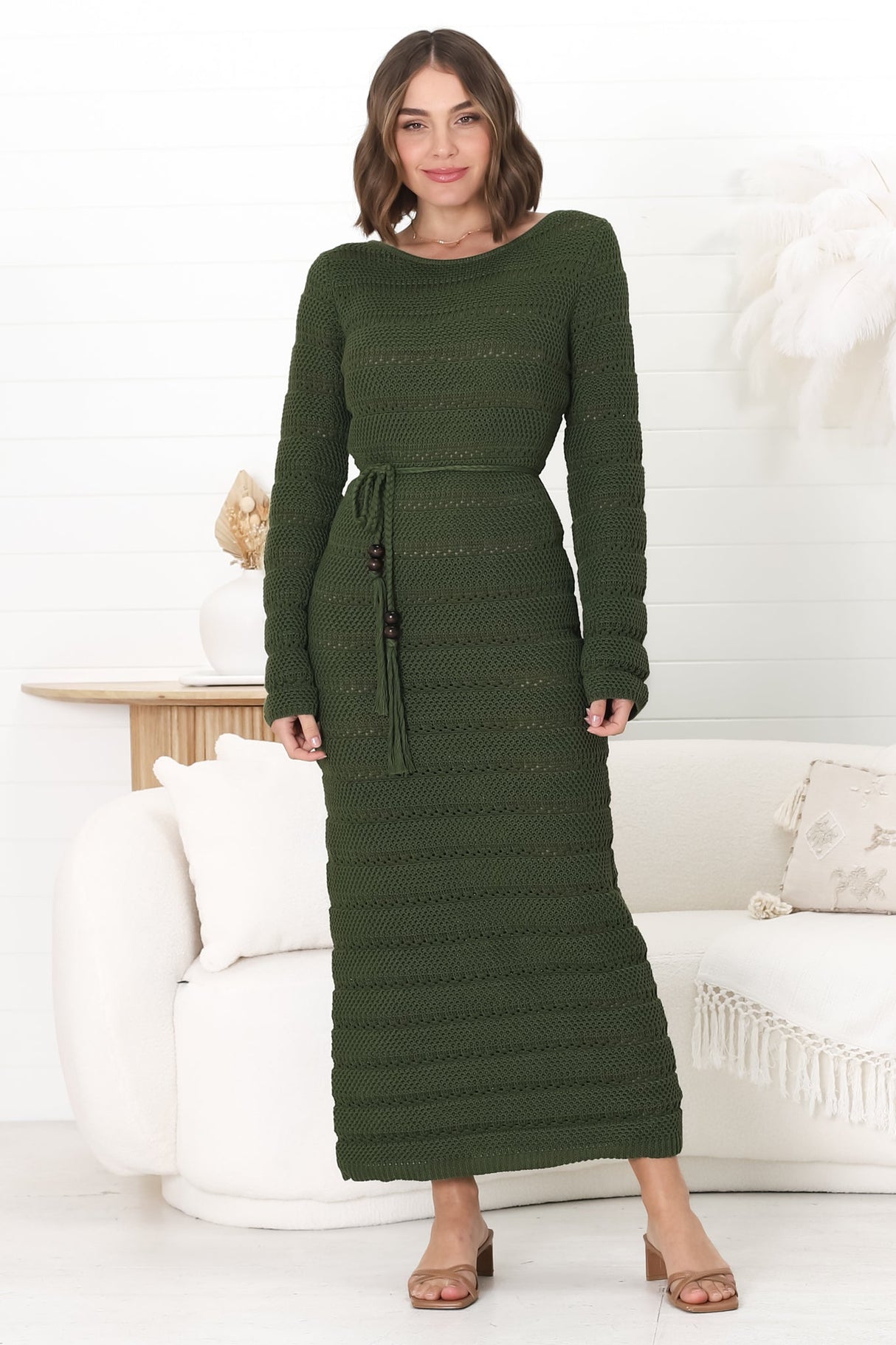 Dayside Knit Maxi Dress - Body Con Knit Dress with Plaited Belt in Green