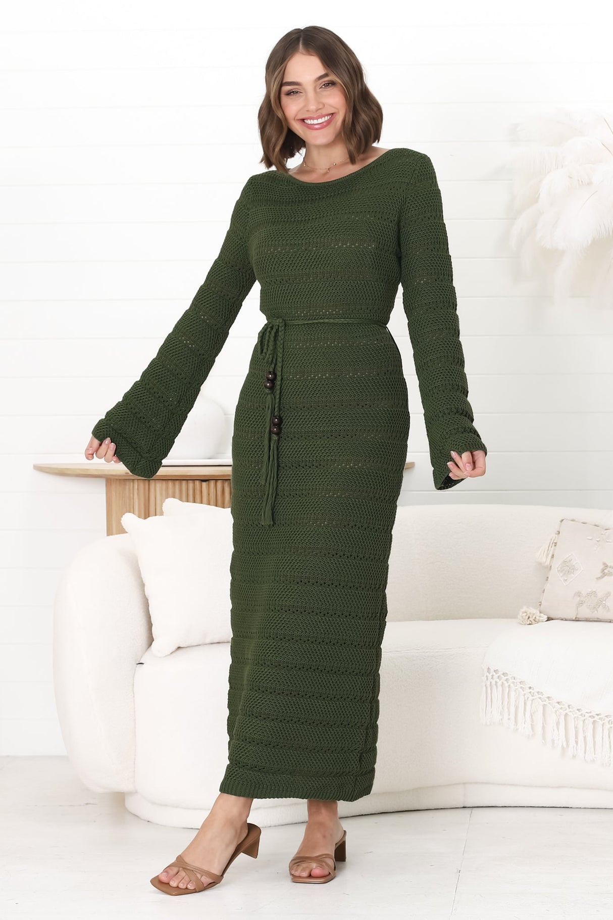 Dayside Knit Maxi Dress - Body Con Knit Dress with Plaited Belt in Green