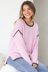 Dean Jumper - Crew Neck Contrast Trim Step Hem Knit in Pink