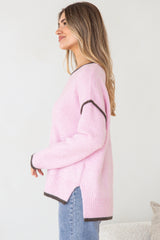 Dean Jumper - Crew Neck Contrast Trim Step Hem Knit in Pink