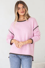 Dean Jumper - Crew Neck Contrast Trim Step Hem Knit in Pink