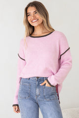 Dean Jumper - Crew Neck Contrast Trim Step Hem Knit in Pink