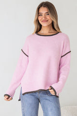 Dean Jumper - Crew Neck Contrast Trim Step Hem Knit in Pink